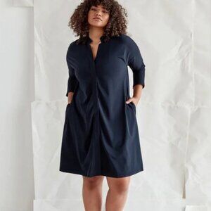 ADAY Womens Something Borrowed Dress Small Navy Snaps Front Long Sleeve Pockets
